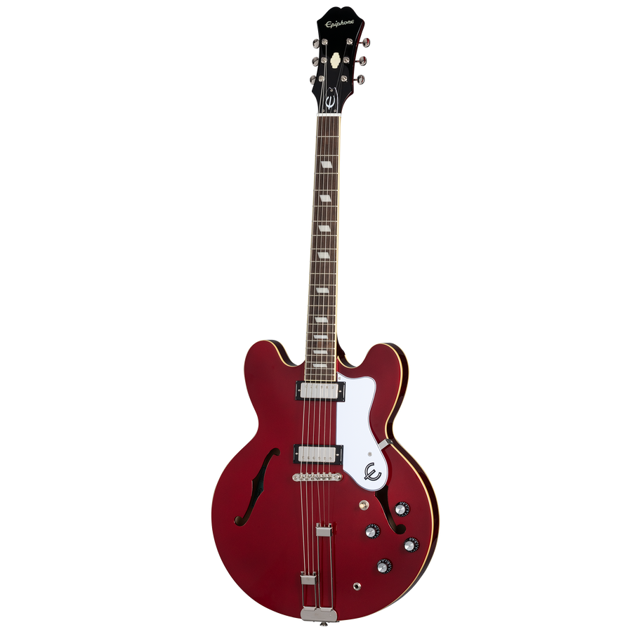 Cherry red semi-hollow body electric guitar with dual humbucker pickups, four control knobs, a white pickguard, and f-hole sound openings.