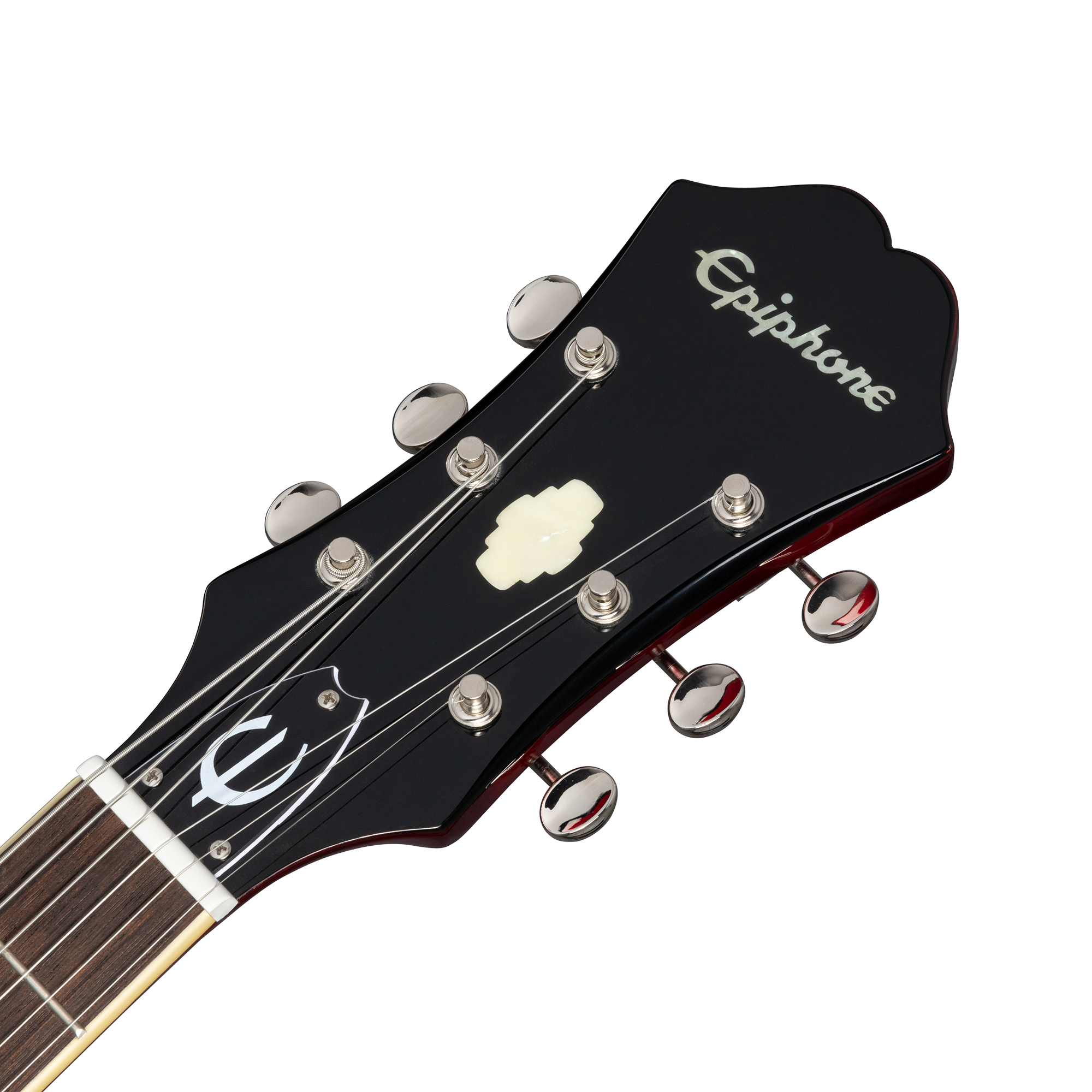 Epiphone electric guitar headstock with six tuning pegs, cream inlays, and the Epiphone logo in white on a glossy black background.