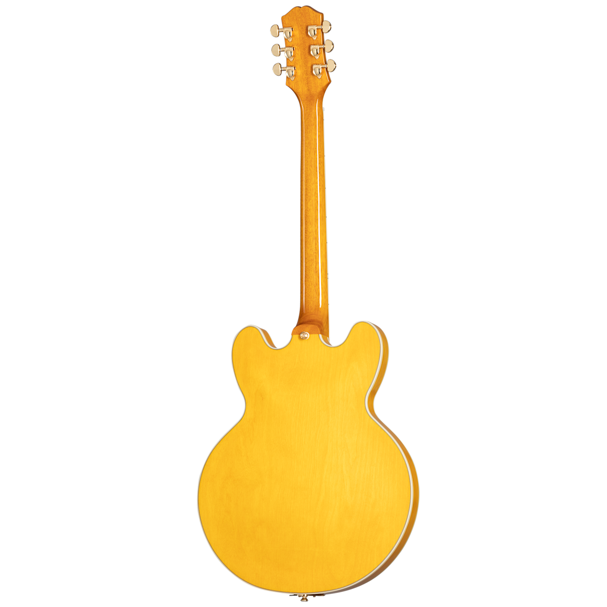 Yellow Epiphone hollow body electric guitar shown from the back, featuring a double cutaway shape and chrome tuners.