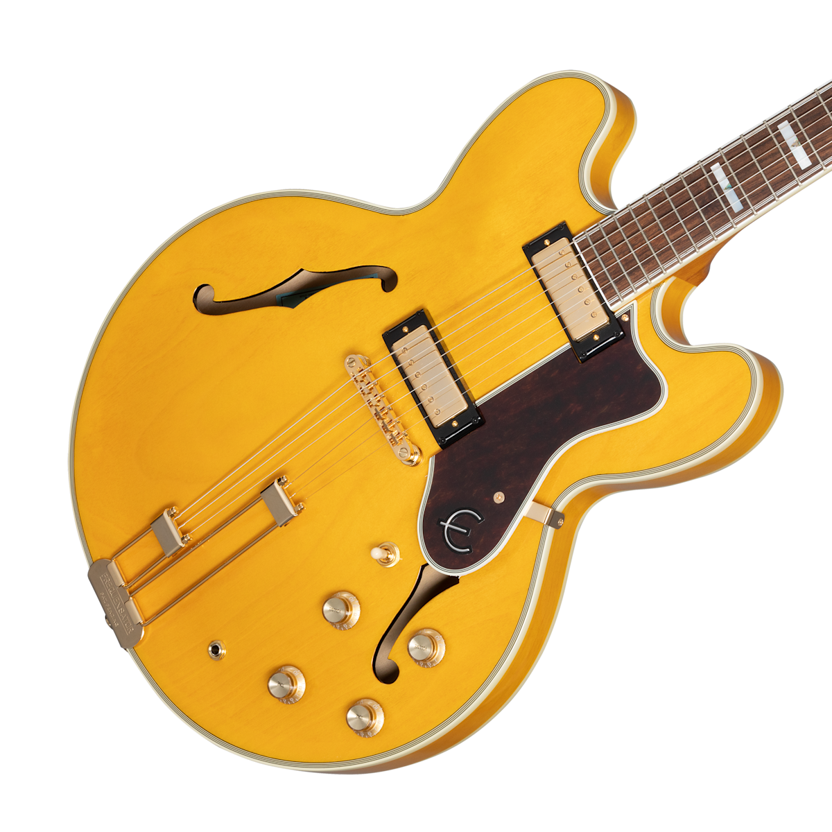 Yellow Epiphone semi-hollow electric guitar with two humbucker pickups, four control knobs, f-holes, and a dark pickguard with an E logo.
