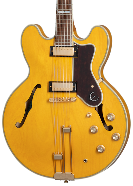 Yellow semi-hollow electric guitar with f-holes, two humbucker pickups, four control knobs, and a dark pickguard bearing the Epiphone logo.