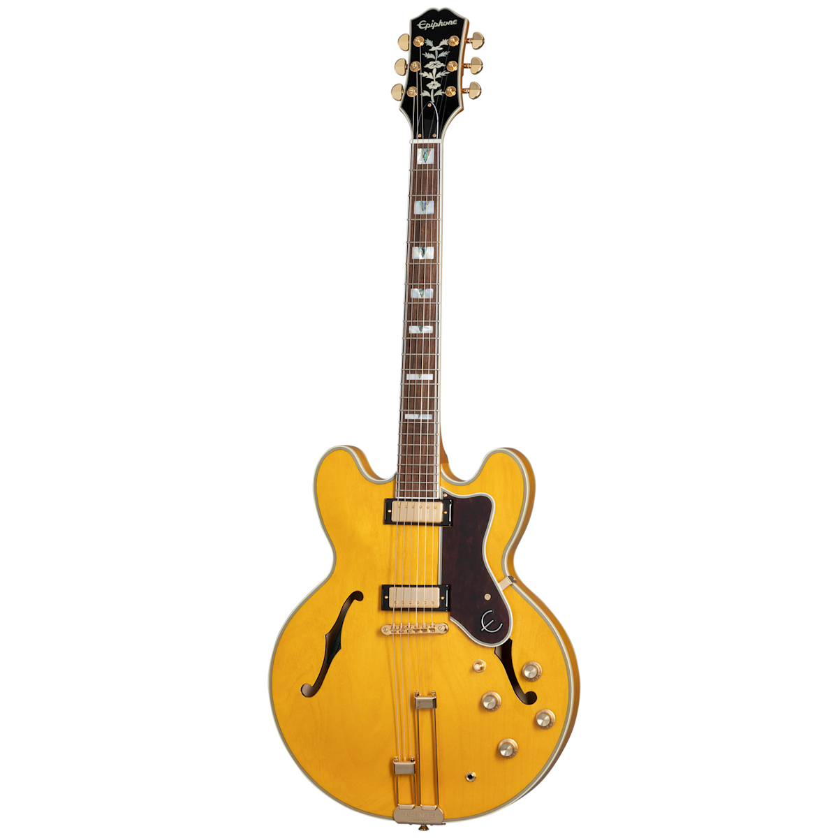 Yellow Epiphone semi-hollow electric guitar with f-holes, two humbucker pickups, four control knobs, and a black pickguard with a silver E logo.