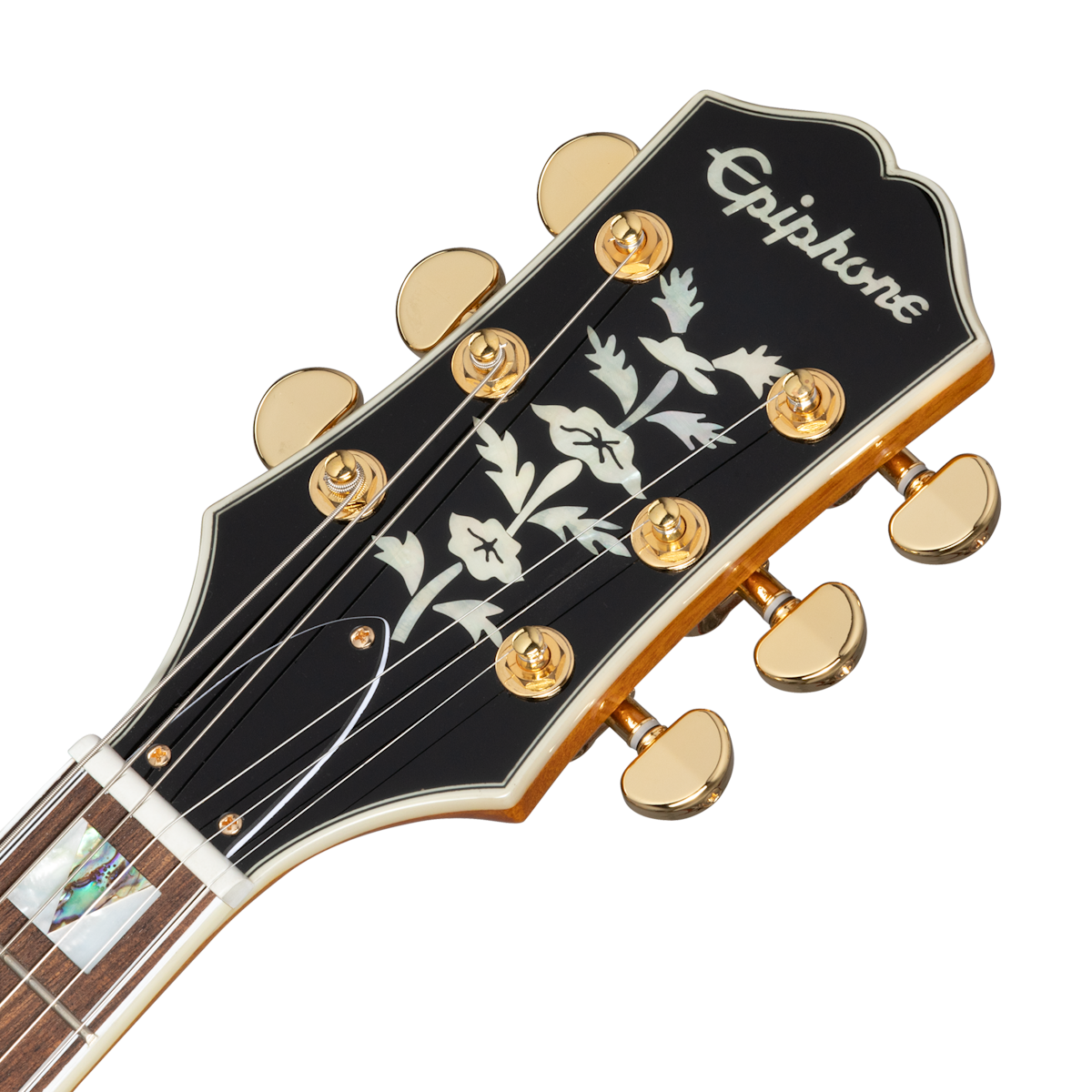 Epiphone guitar headstock with floral inlay, six gold tuning pegs, and the Epiphone logo in white on a black background.
