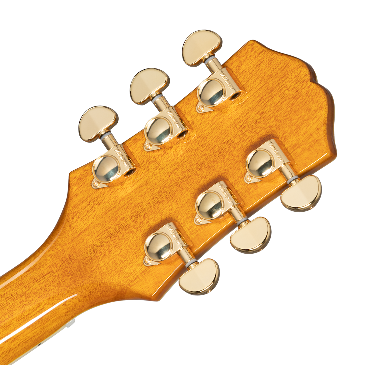 Six gold tuning pegs on the back of a light wood Epiphone guitar headstock, arranged three per side.