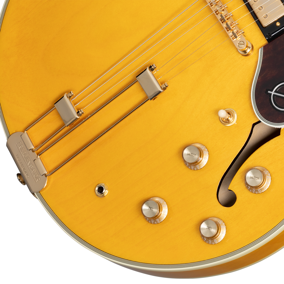 Epiphone hollow body electric guitar in yellow finish, gold hardware, four control knobs, brown pickguard, and an f-shaped sound hole.
