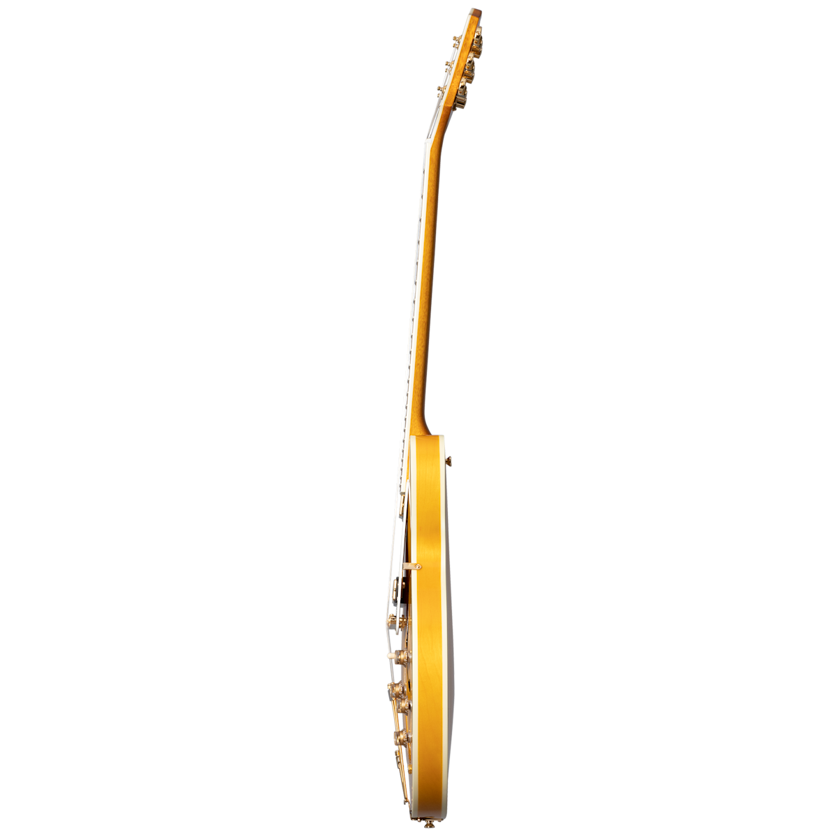 Thin side profile of an Epiphone guitar showing the neck, headstock, and edge of the body in a light wood finish.