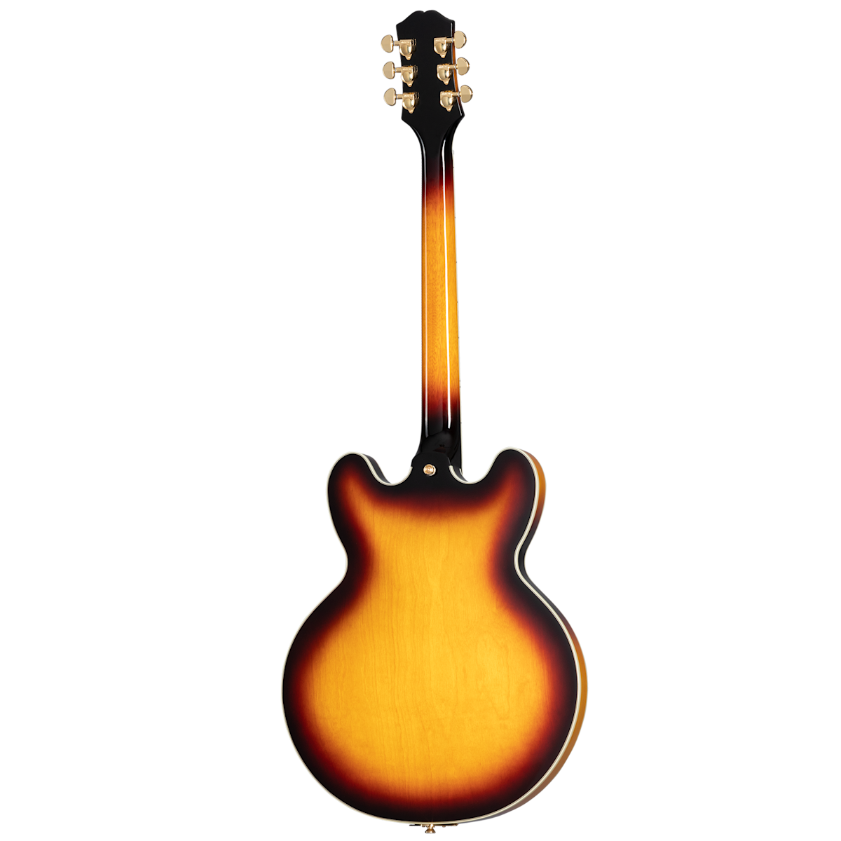 Sunburst-finish electric guitar viewed from the back, double cutaway body, glossy wood with dark edges and gold tuning pegs on the headstock.