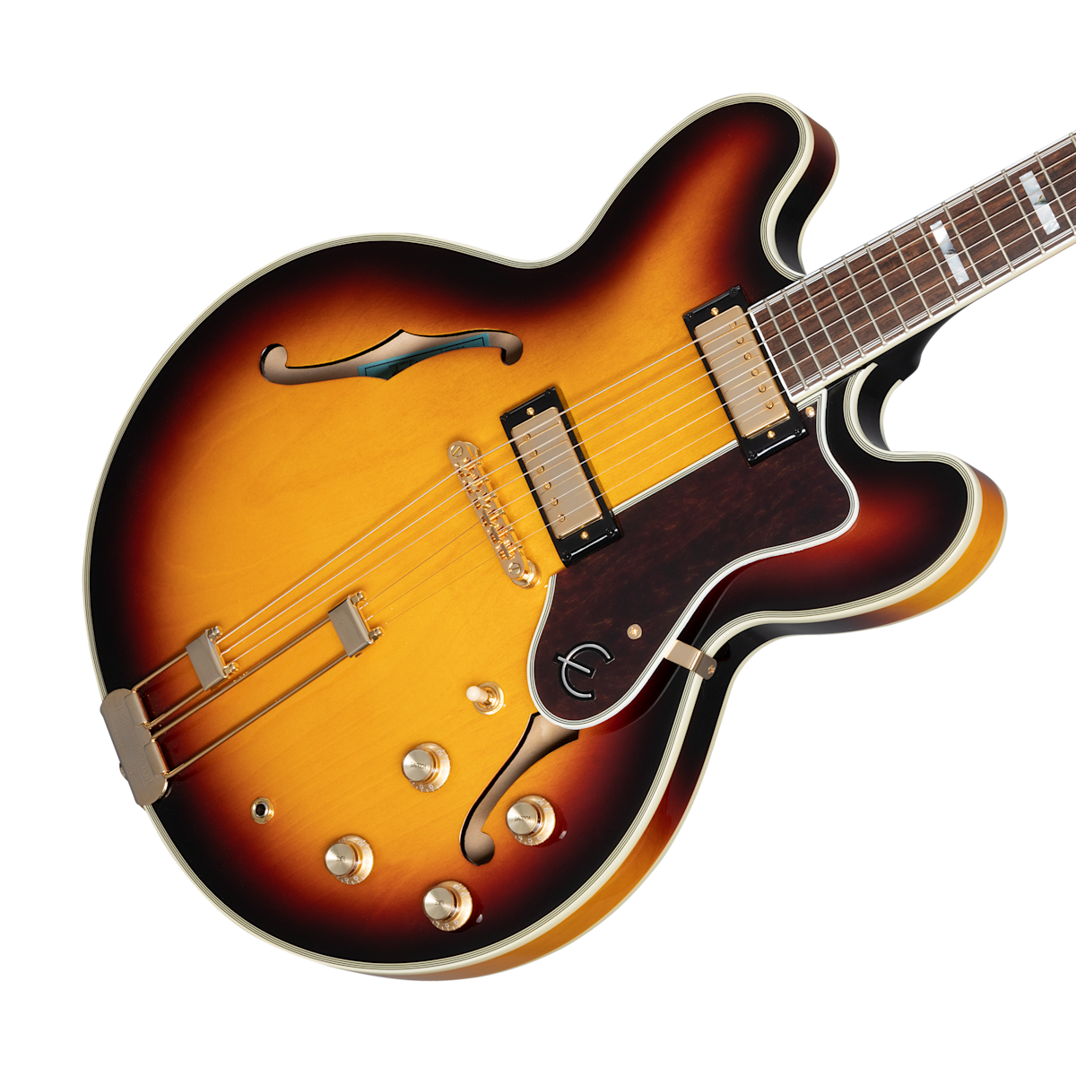 Sunburst semi-hollow electric guitar with dual humbucker pickups, gold control knobs, and f-shaped sound holes.