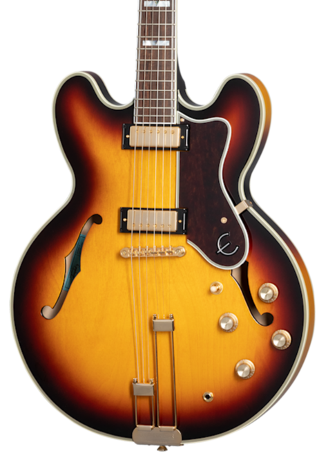 Sunburst semi-hollow electric guitar with two humbucker pickups, four control knobs, dual f-holes, and a dark pickguard with a stylized "E" logo.