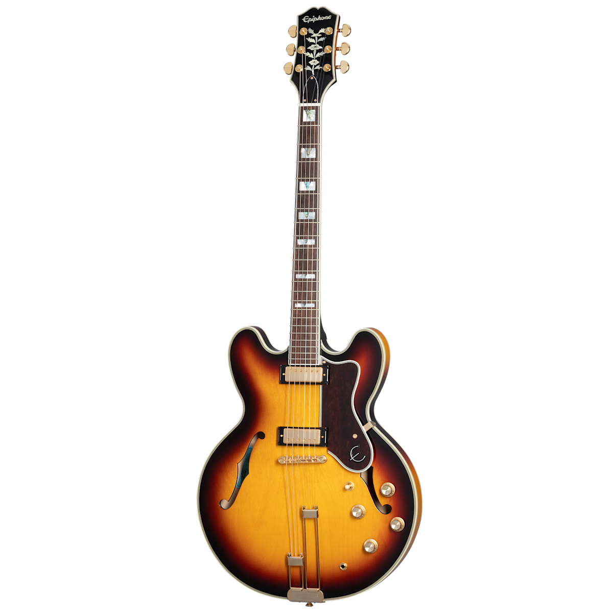 Sunburst finish semi-hollow electric guitar with two f-holes, double cutaway body, four control knobs, and a black pickguard.