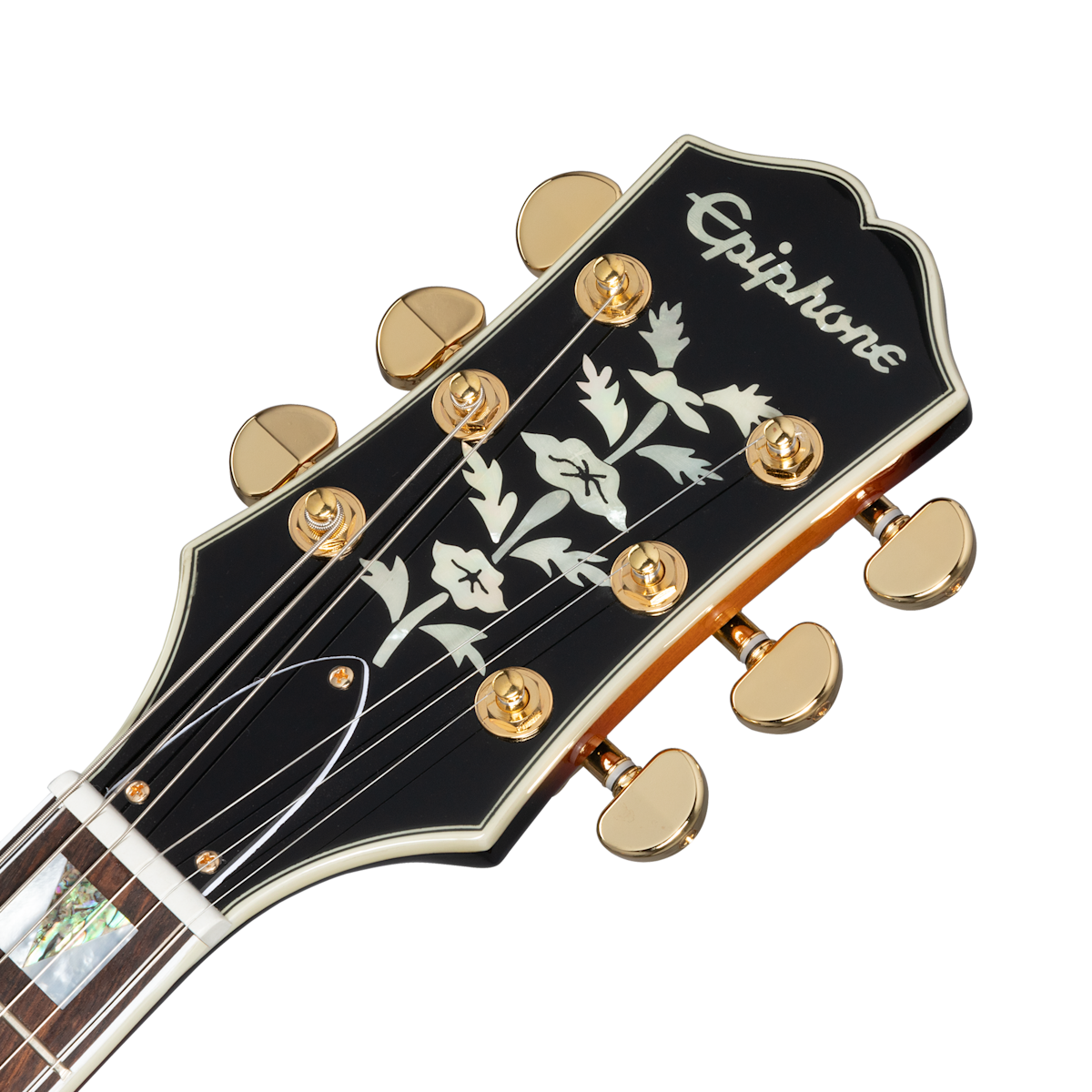 Black electric guitar headstock with gold tuning pegs, floral inlay design, and "Epiphone" logo in white script.