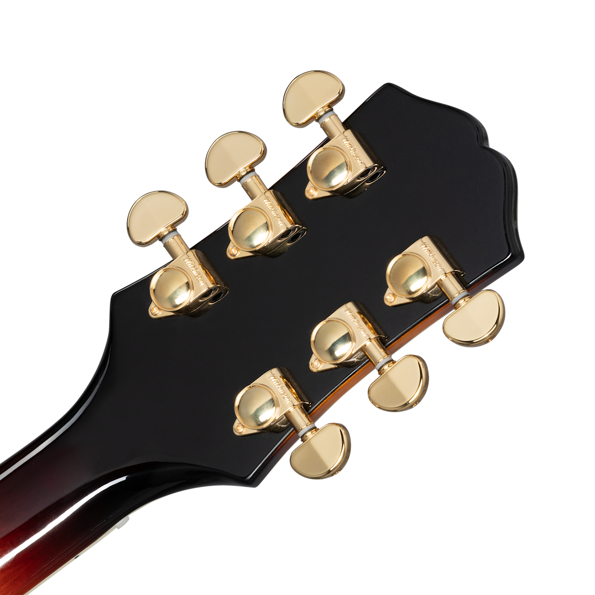 Rear view of an electric guitar headstock with six gold tuning machines on a glossy black surface.