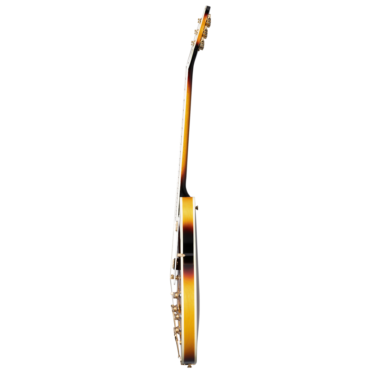 Electric guitar shown from the side, revealing a sunburst finish, arched body, and gold hardware, with the neck and headstock extending upward.