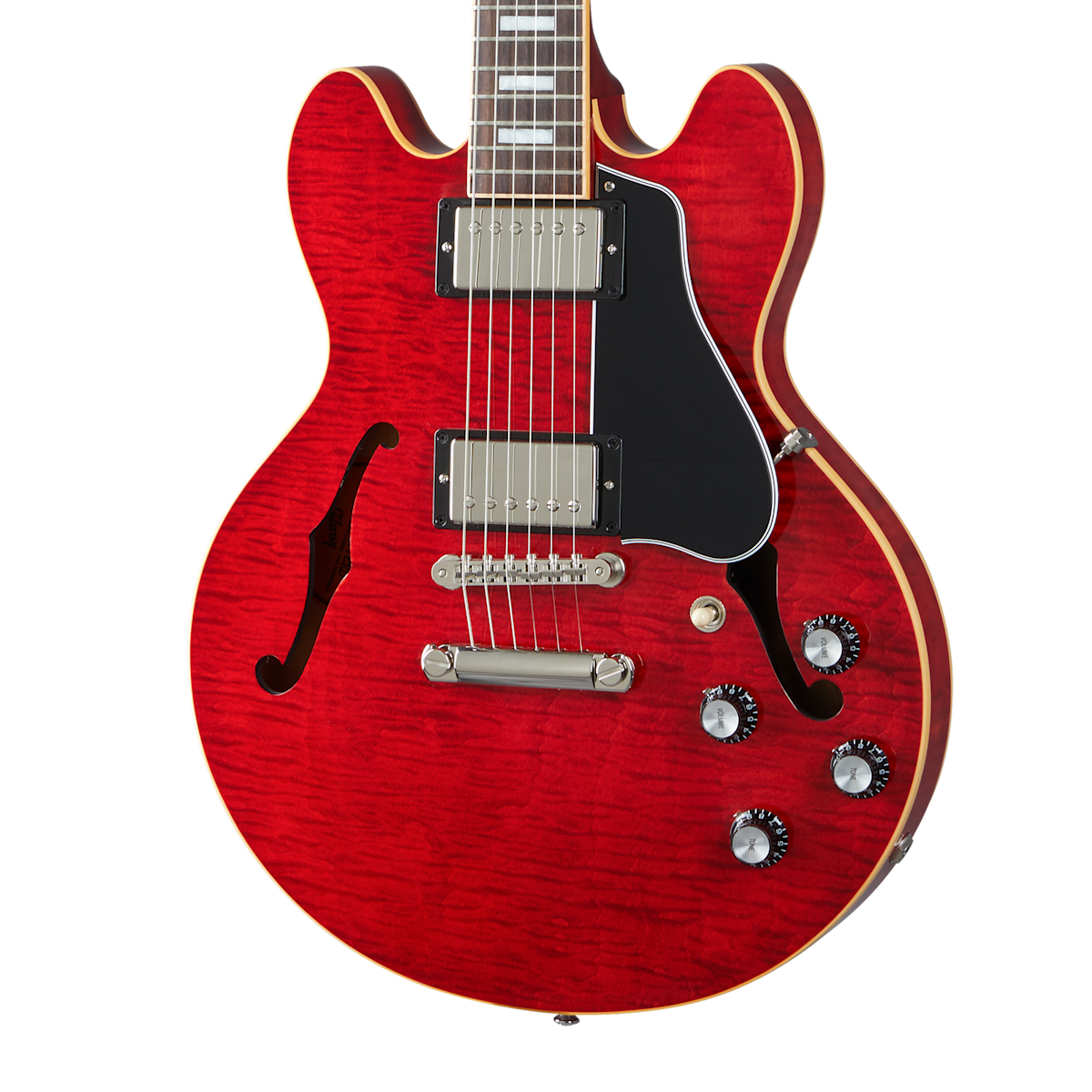 Red semi-hollow electric guitar with dual humbucker pickups, black pickguard, four control knobs, and two f-shaped sound holes on the body.