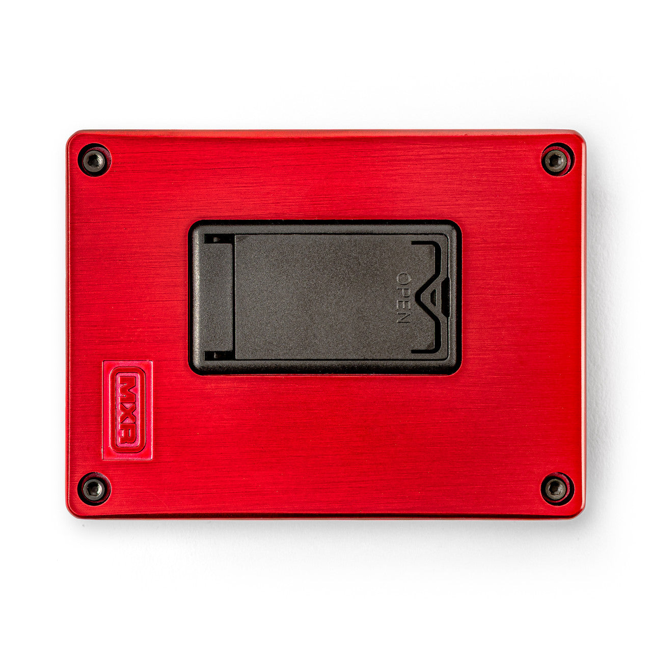 Red FX pedal bottom panel with four screws and a central black rectangular battery compartment labeled "open." MXR logo is embossed in one corner.