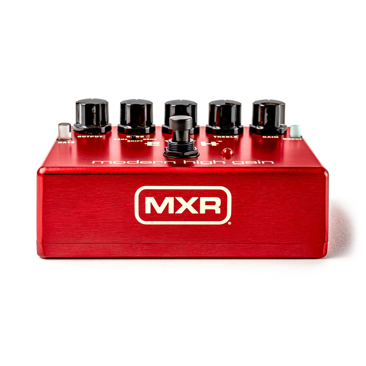 Red MXR FX pedal with five black knobs, one footswitch in the center, and white "modern high gain" text on the top panel.