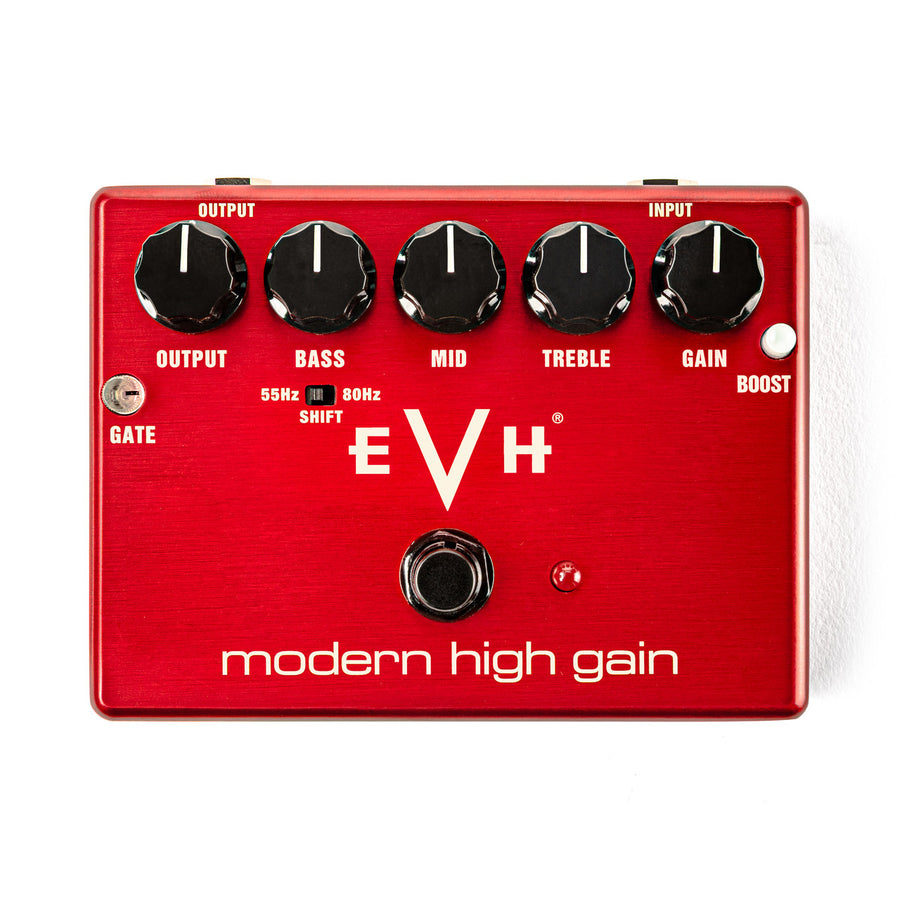 Red FX pedal with five black knobs labeled Output, Bass, Mid, Treble, Gain, switches for Gate and Boost, and large white EVH logo.