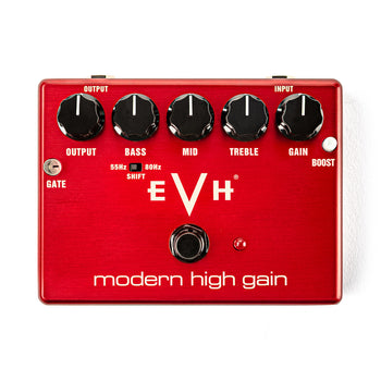 Red FX pedal with five black knobs labeled Output, Bass, Mid, Treble, Gain, switches for Gate and Boost, and large white EVH logo.