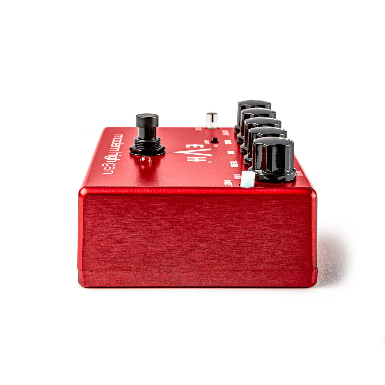 Red FX pedal with a footswitch on top, five black control knobs in a row, and a small white button on the right side.