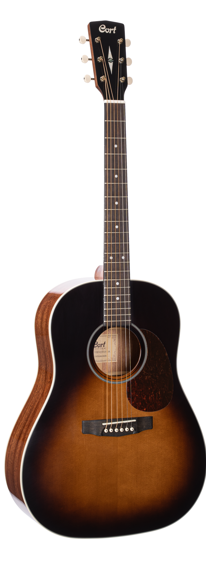 Cort acoustic guitar with a sunburst finish, round sound hole, six strings, and white tuning pegs on a dark headstock.