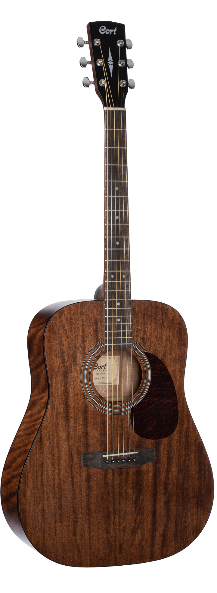 Dark brown acoustic guitar with a glossy finish, round soundhole, six strings, and a black pickguard.