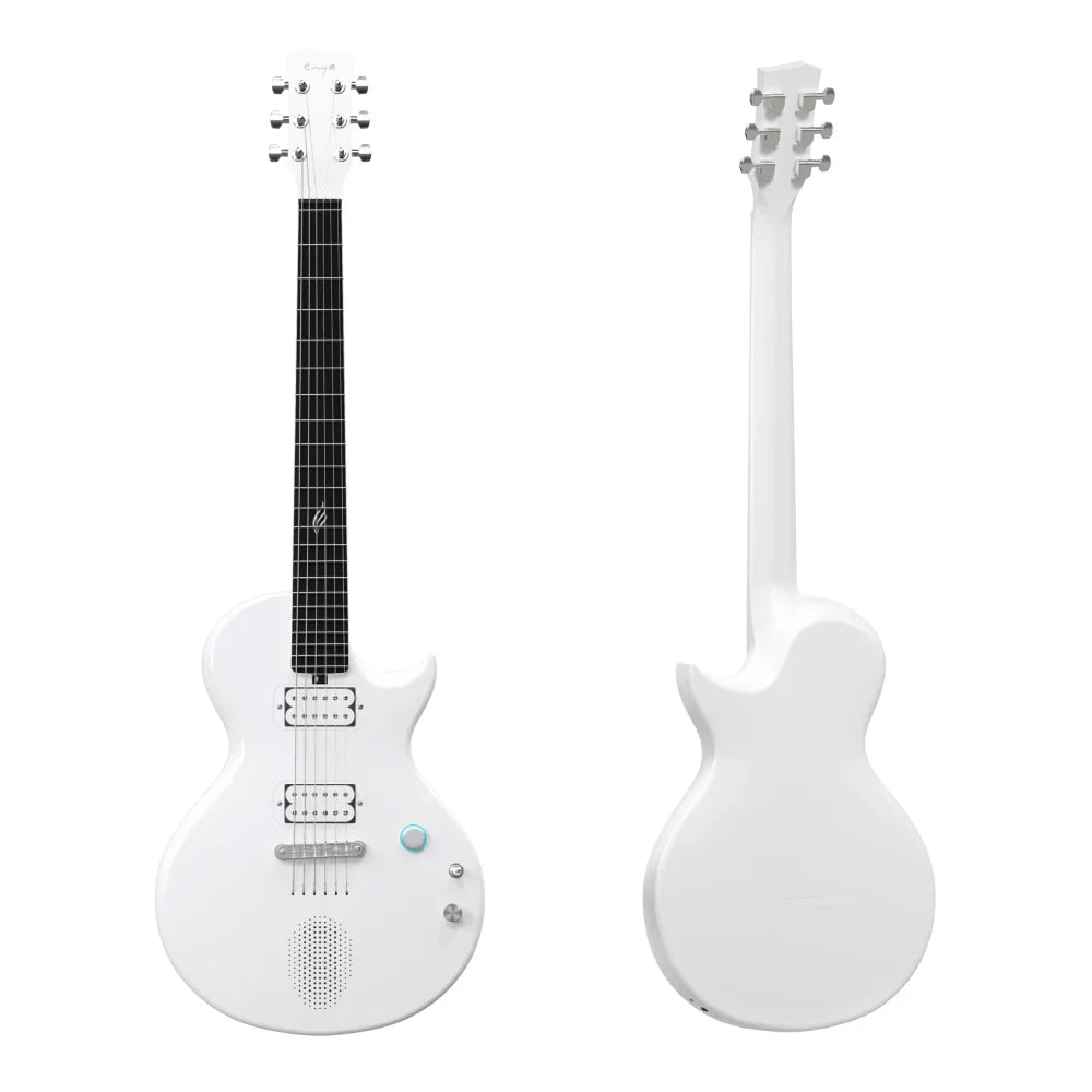 Solid white electric guitar with two humbucker pickups, a round speaker grille, three control knobs, and a glossy finish; front and back views shown.