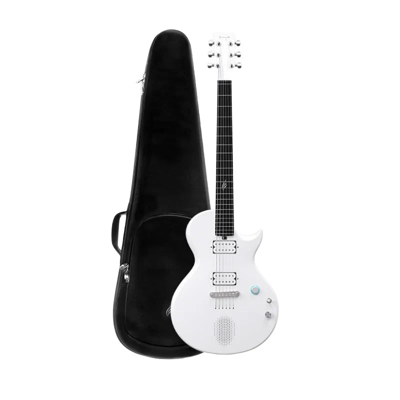 Sleek white electric guitar with two pickups, a built-in speaker, and a black carrying case standing upright behind it.