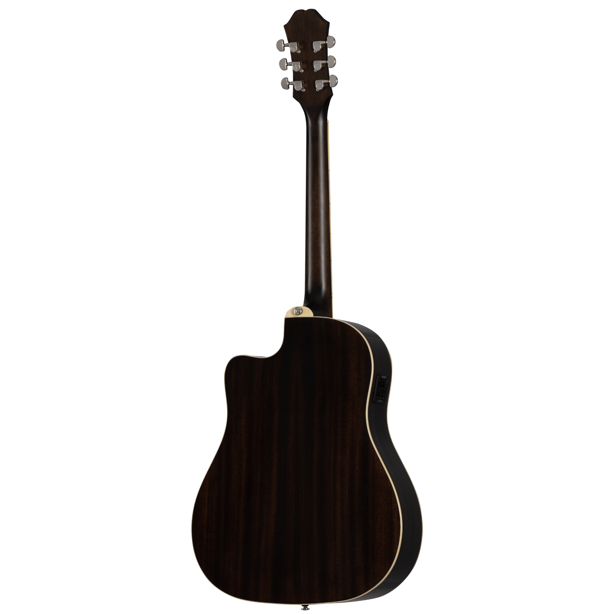 Rear view of a dark wood electric guitar with cream binding, cutaway body, and six tuning pegs. No visible strings or front controls.