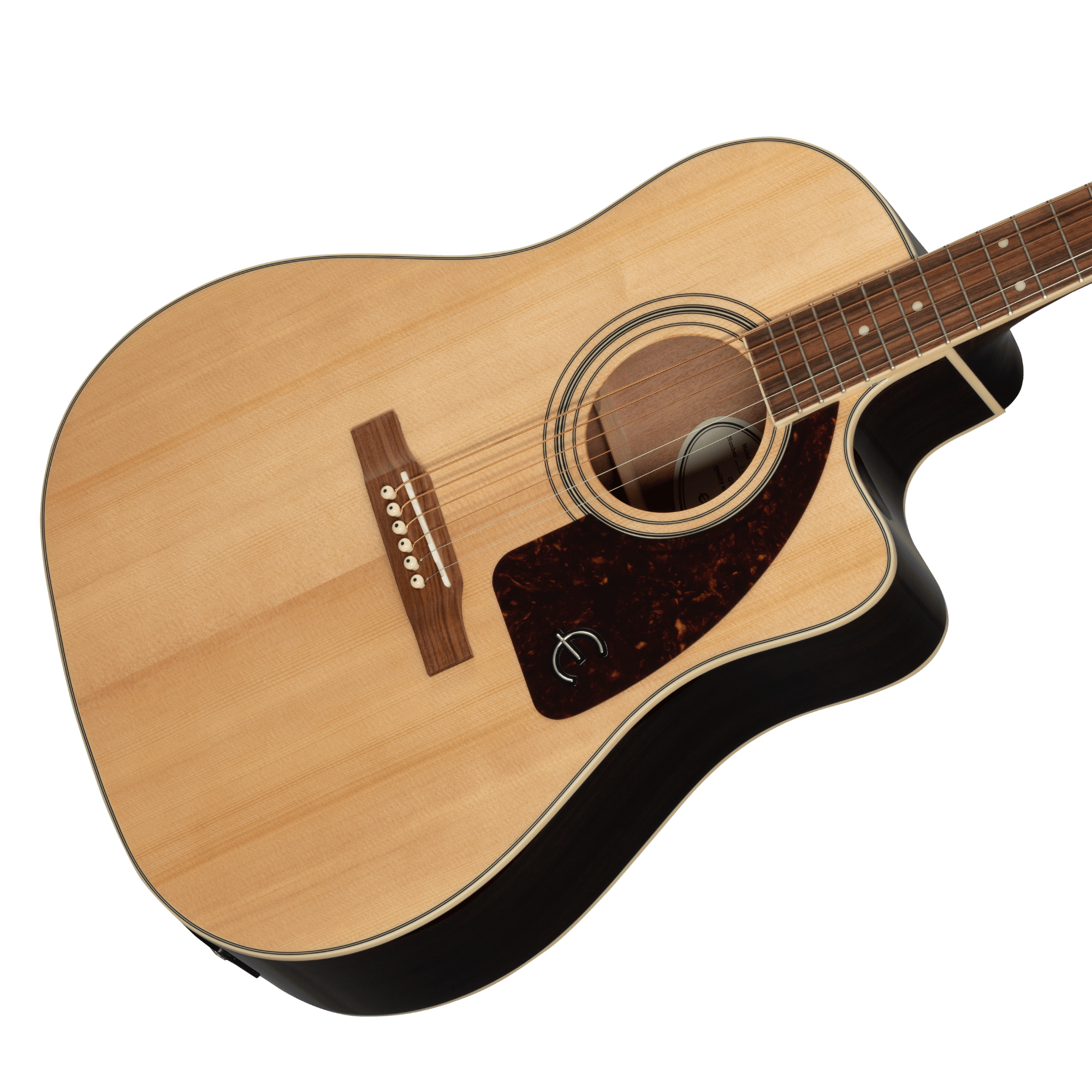 Light wood electric guitar with a cutaway body, dark pickguard, control knob, six strings, round soundhole, and white bridge pins.