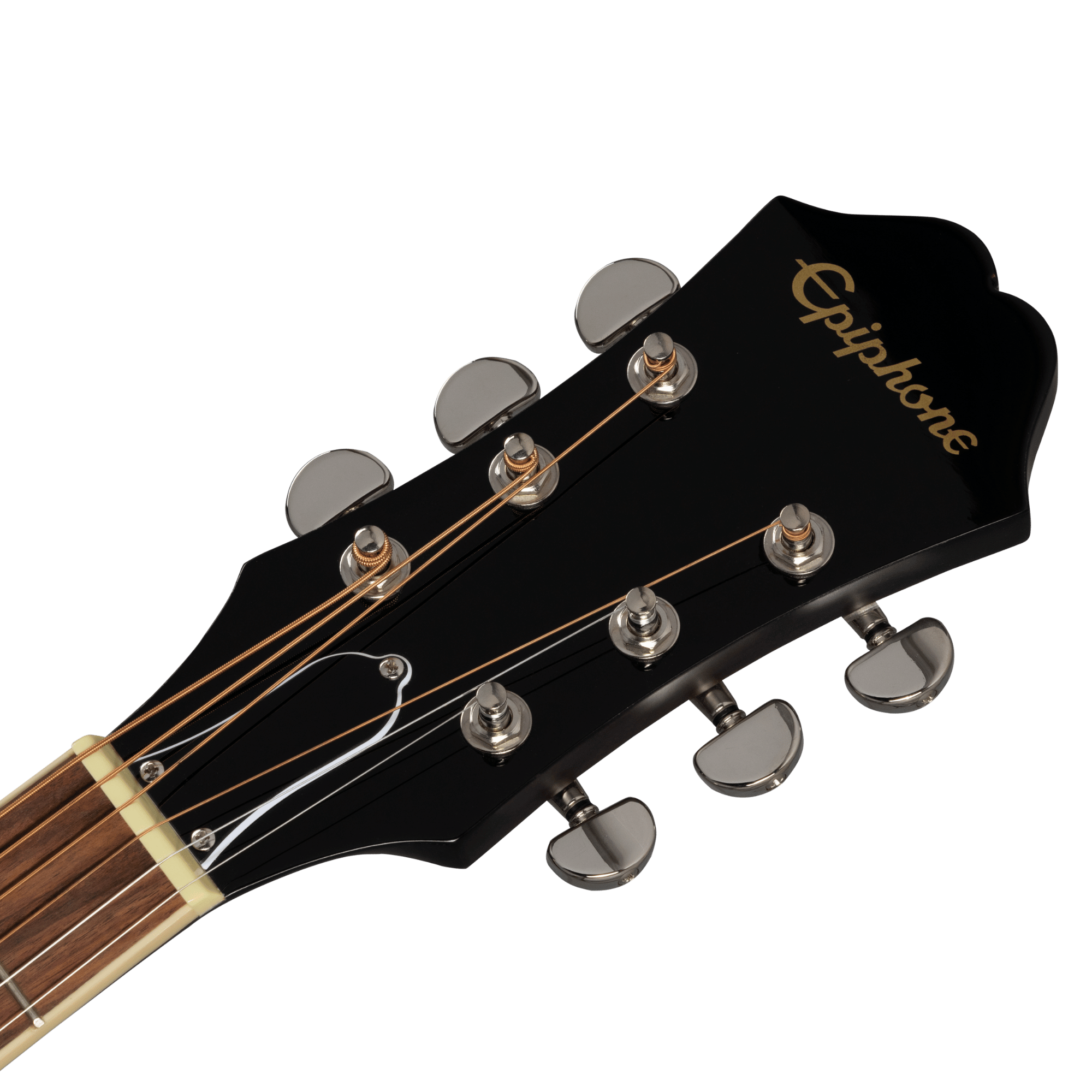 Black Epiphone electric guitar headstock with six silver tuning pegs, gold logo, and brown fretboard with cream nut.