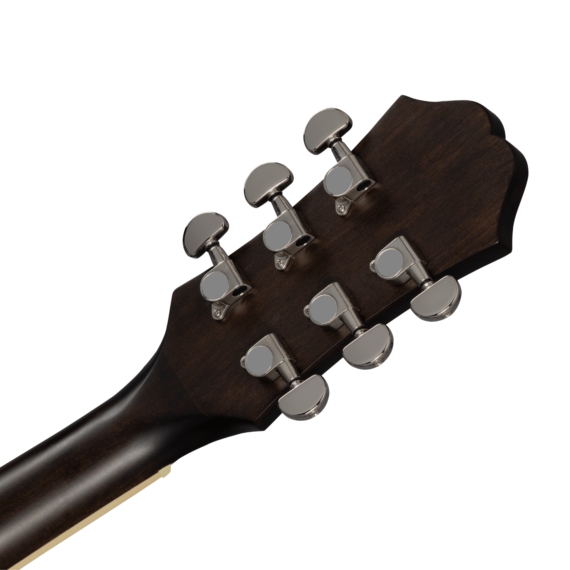 Six metal tuning pegs on the back of a dark wood electric guitar headstock, attached to the end of the neck.