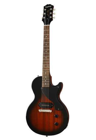 Sunburst finish electric guitar with a single cutaway body, two control knobs, one pickup, black pickguard, and six tuning pegs on the headstock.