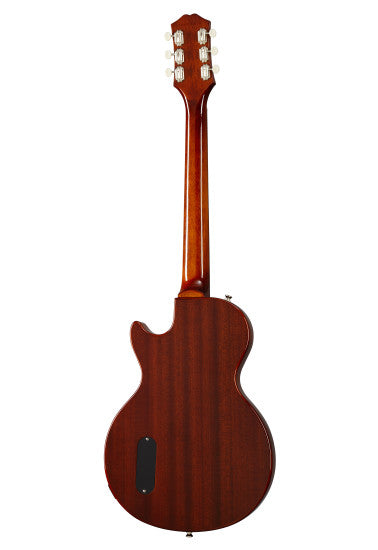 Mahogany-finished electric guitar shown from the back, with a single cutaway body and enclosed tuning pegs.