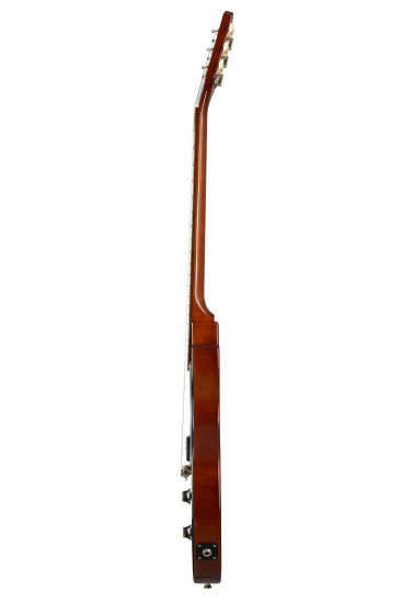 Side view of a brown electric guitar showing the slim body, input jack, and tuning pegs. Neck and body are aligned vertically.