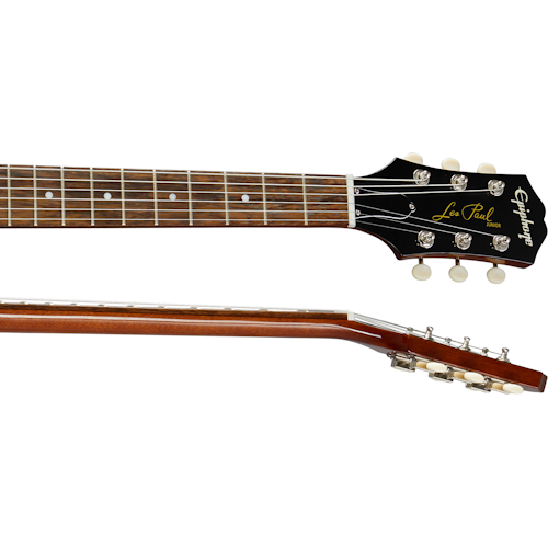Epiphone Les Paul electric guitar neck and headstock with six tuning pegs, dark fretboard, and signature logo in gold on the black headstock.