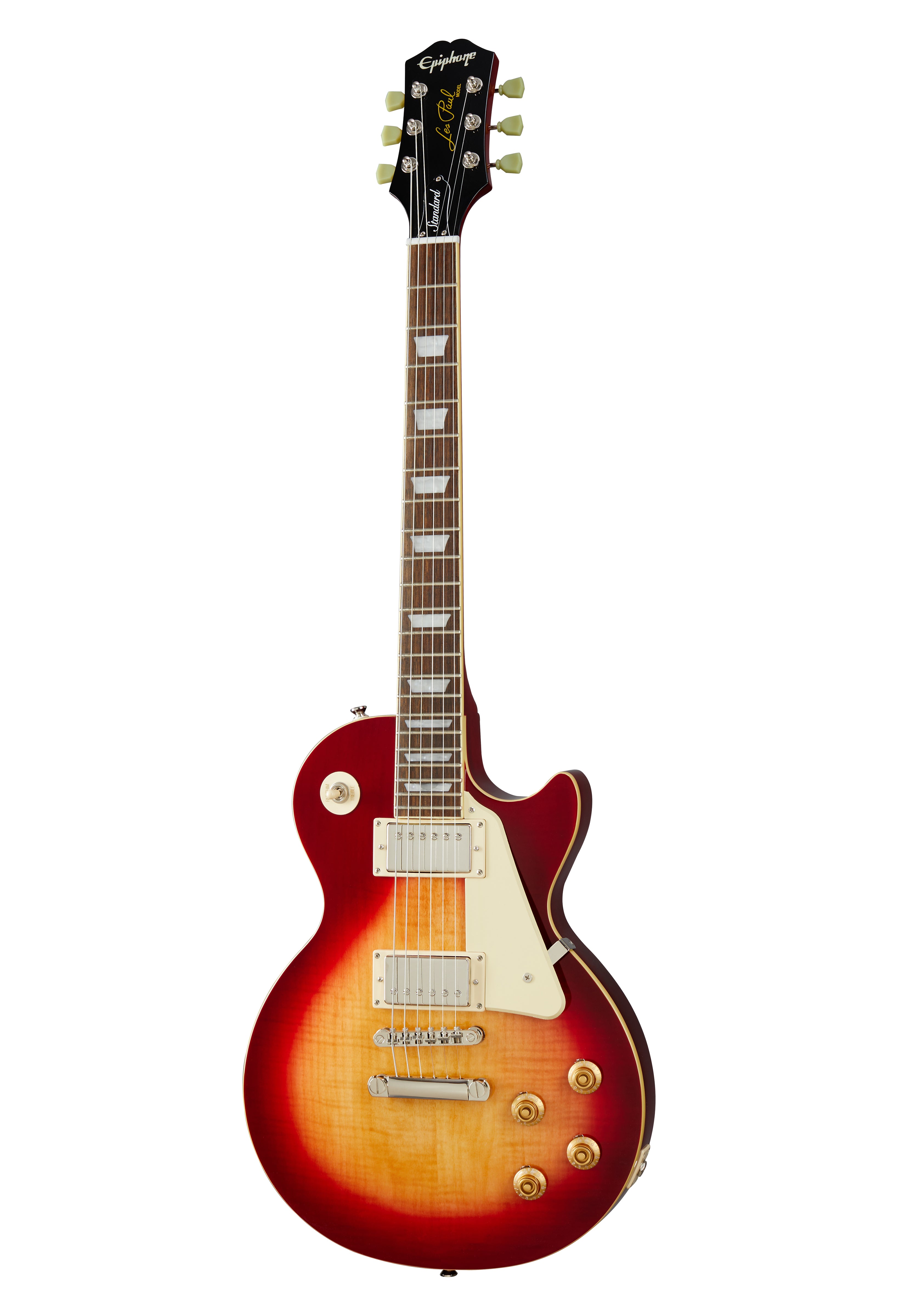 Epiphone Les Paul electric guitar with a sunburst finish, white pickguard, two humbucker pickups, and four gold control knobs.