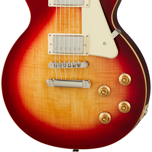 Sunburst electric guitar body with cream pickguard, two humbucker pickups, four gold control knobs, and a chrome bridge.