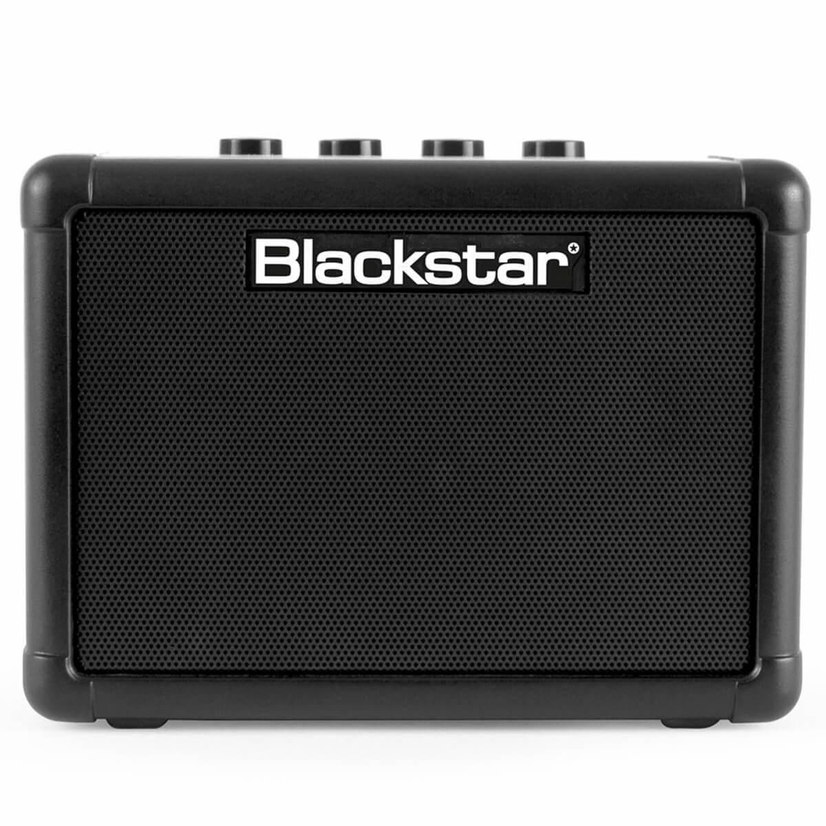 Small black Blackstar amplifier with a front metal grille, rounded corners, and four control knobs on top.