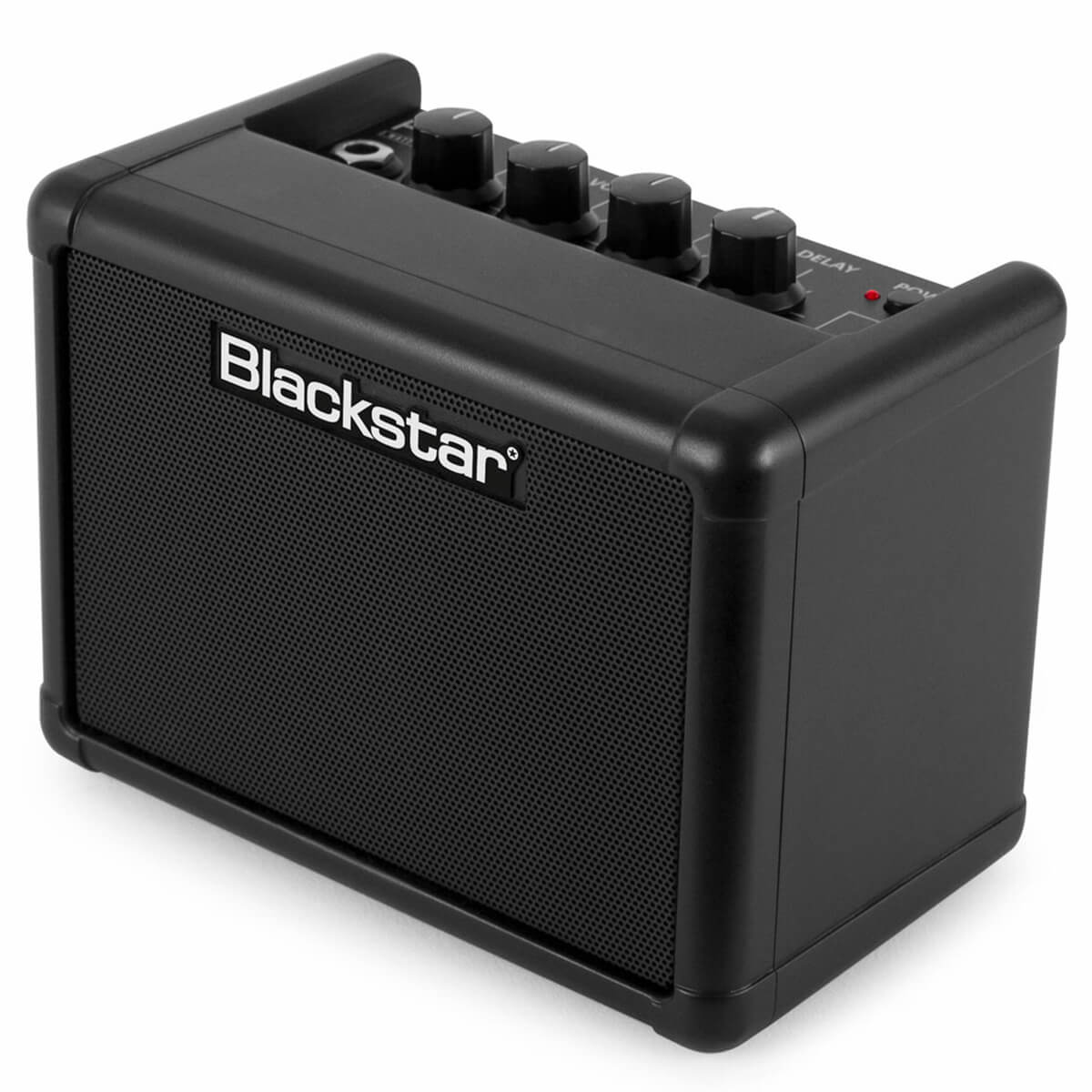 Compact Blackstar amplifier with four control knobs on top and a perforated front speaker grille, designed for portable sound amplification.