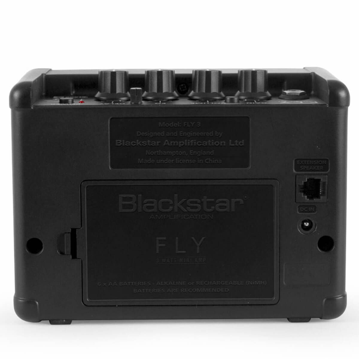 Blackstar FLY 3 mini guitar amplifier, black, shows rear panel with battery compartment, extension speaker jack, and DC power input.