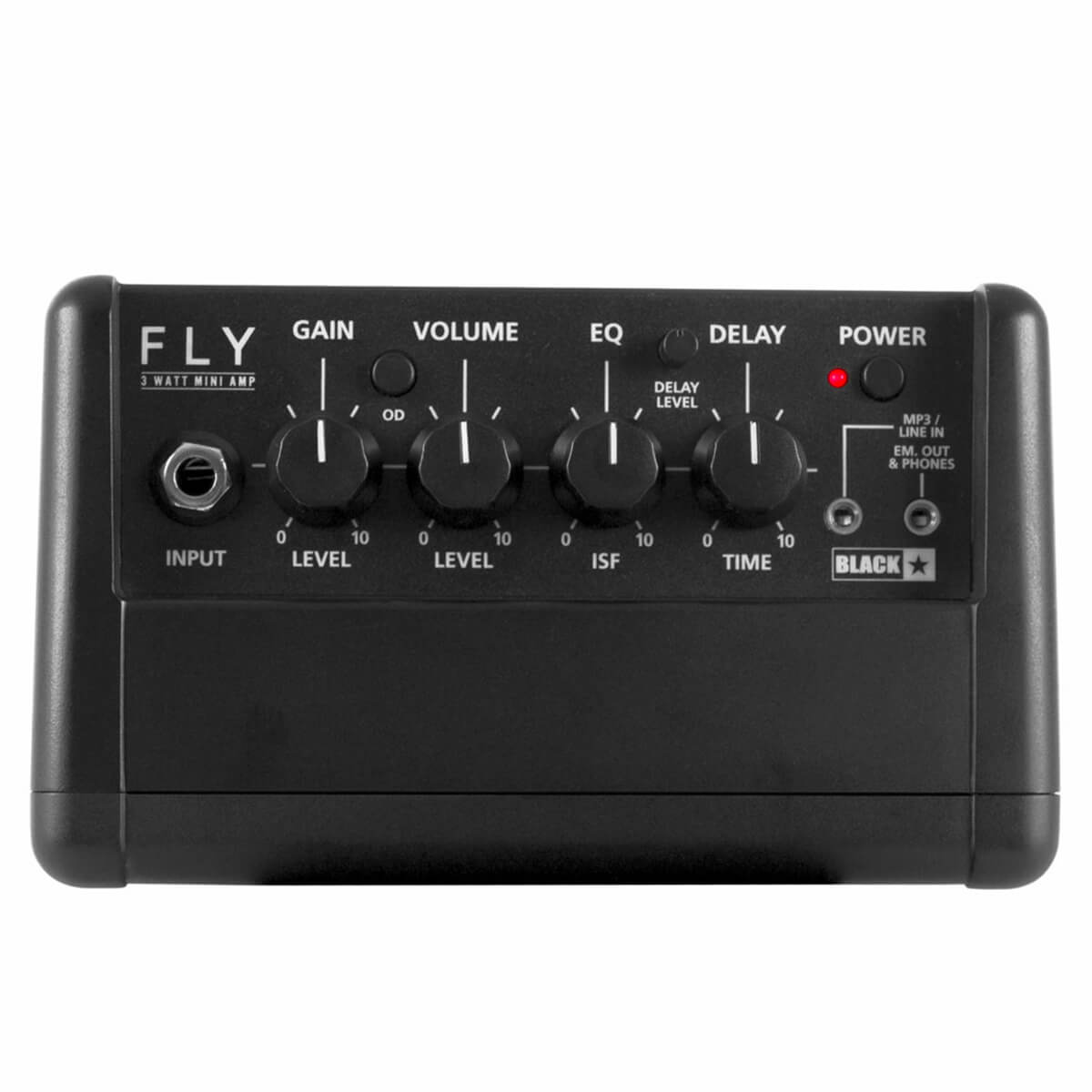 Blackstar Fly 3 mini amp with five control knobs for gain, volume, EQ, delay level, and delay time, plus input jack and indicator light.