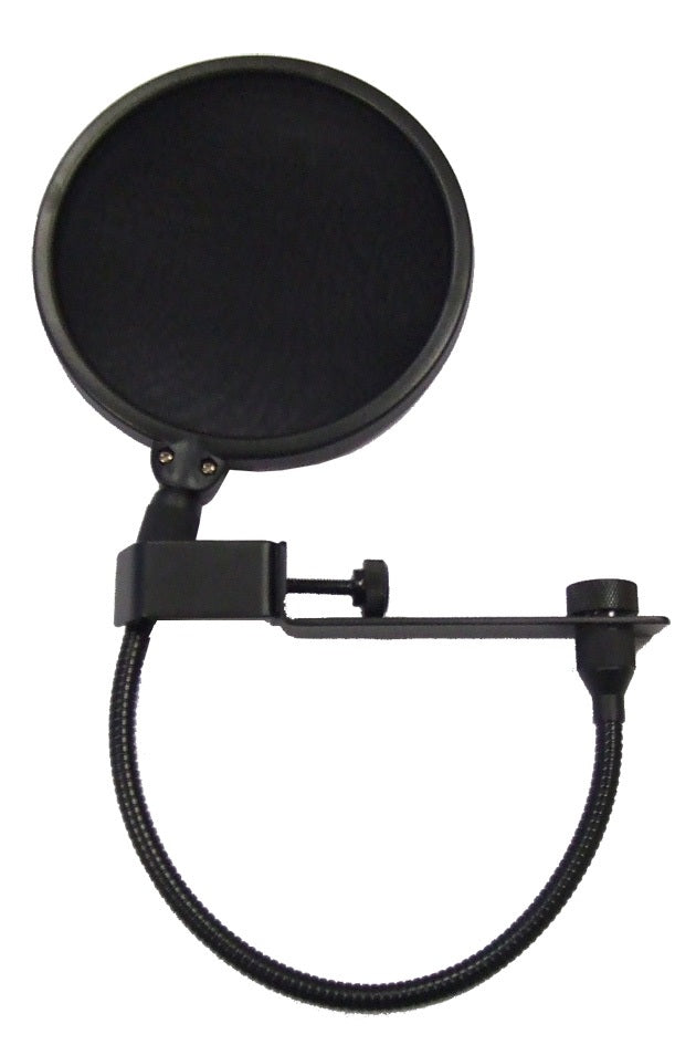 Round black pop filter with a mesh screen, attached to an adjustable gooseneck arm and clamp for mounting on a microphone stand.