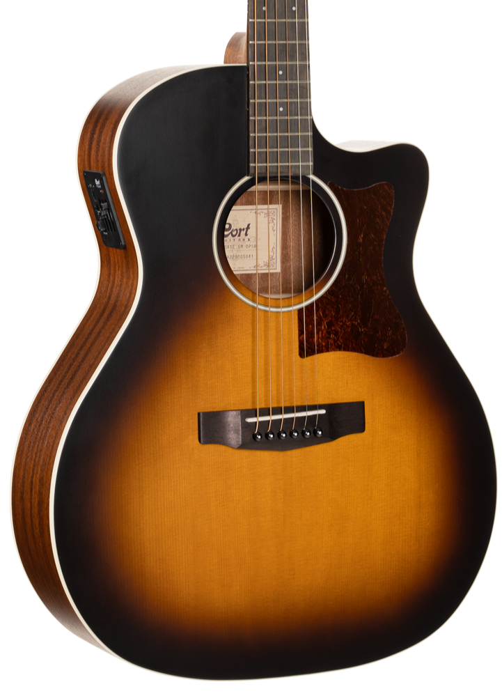 Sunburst acoustic guitar with a cutaway body, dark edges, light brown center, six strings, and built-in electronics on the side.