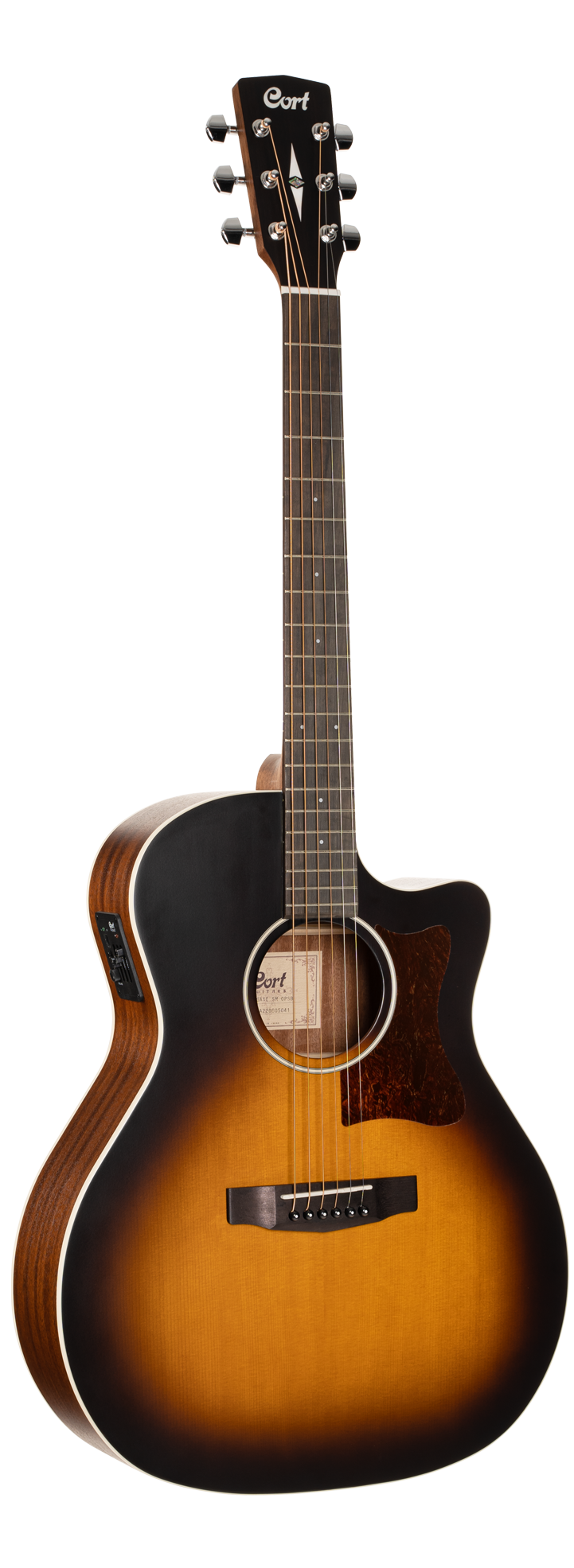 Sunburst acoustic guitar with a cutaway, dark edges fading to golden brown center, six strings, and electronic controls on the side.