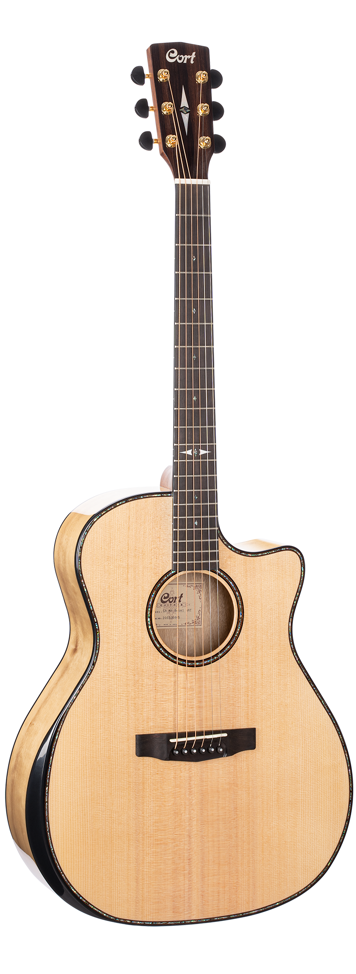 Natural wood acoustic guitar with a single cutaway, dark fretboard, gold tuning pegs, and decorative inlays, labeled Cort on the headstock.