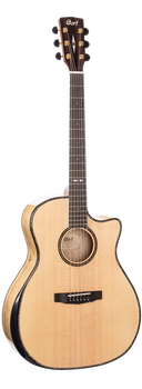 Natural wood acoustic guitar with a single cutaway, dark fretboard, gold tuning pegs, and decorative inlays, labeled Cort on the headstock.