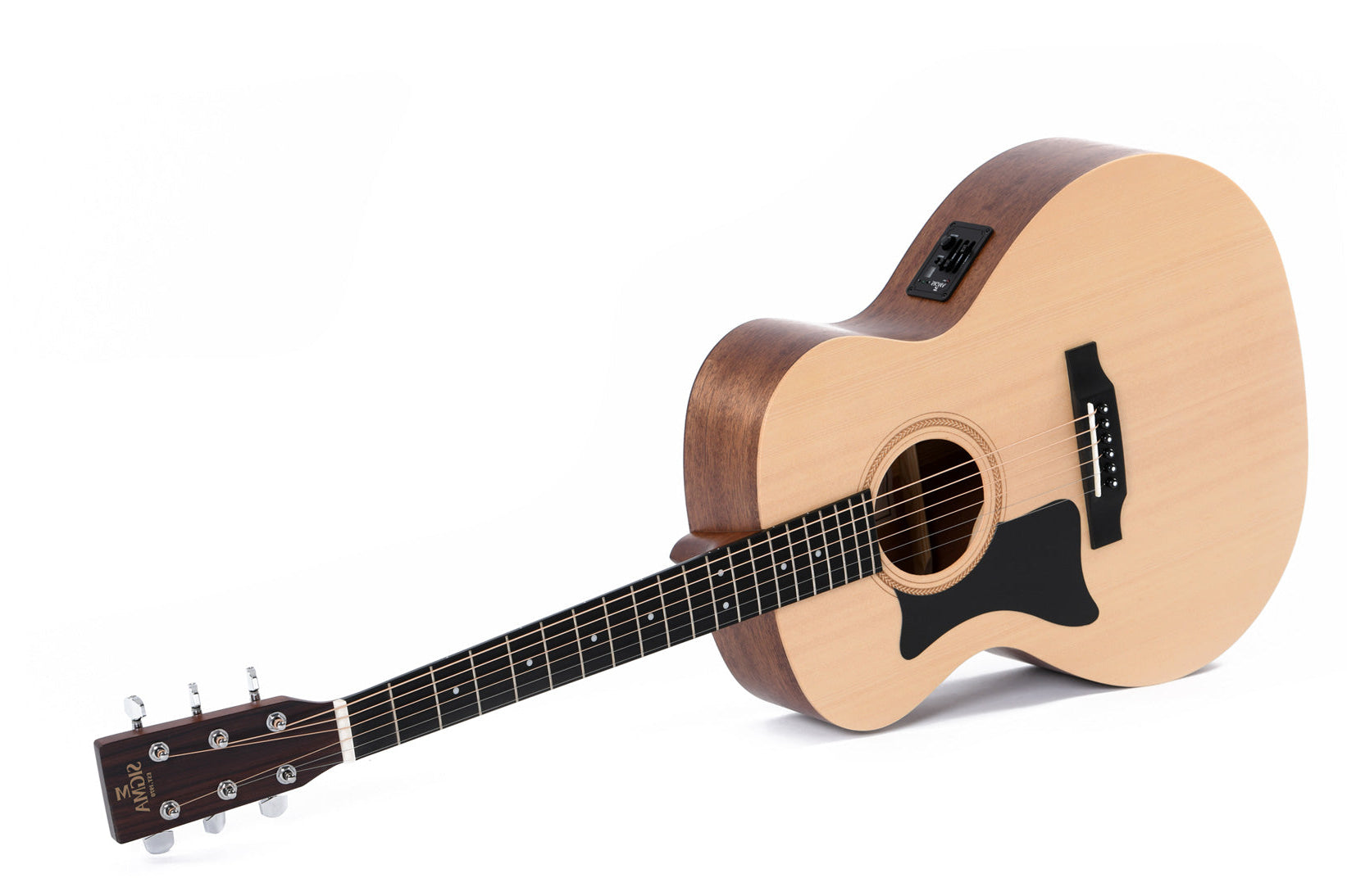 Light wood acoustic guitar with a dark pickguard, six strings, control panel on the side, and a dark wood neck featuring chrome tuning pegs.