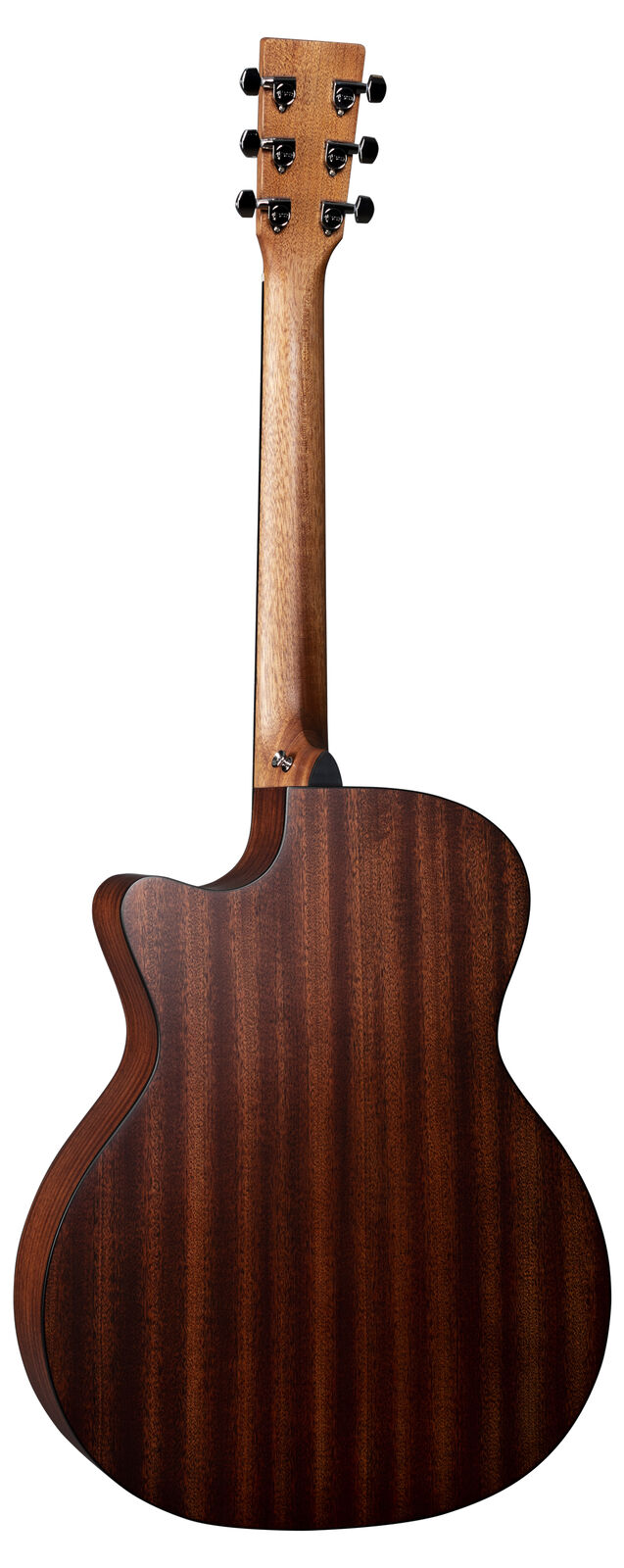 Back view of an acoustic guitar showing dark striped wood grain, six tuning pegs, and a smooth cutaway on the body’s upper side.