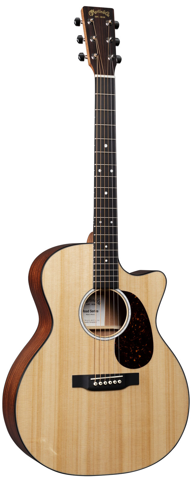 Light wood acoustic guitar with dark sides and neck, glossy finish, cutaway body, six strings, and a tortoiseshell pickguard below the sound hole.