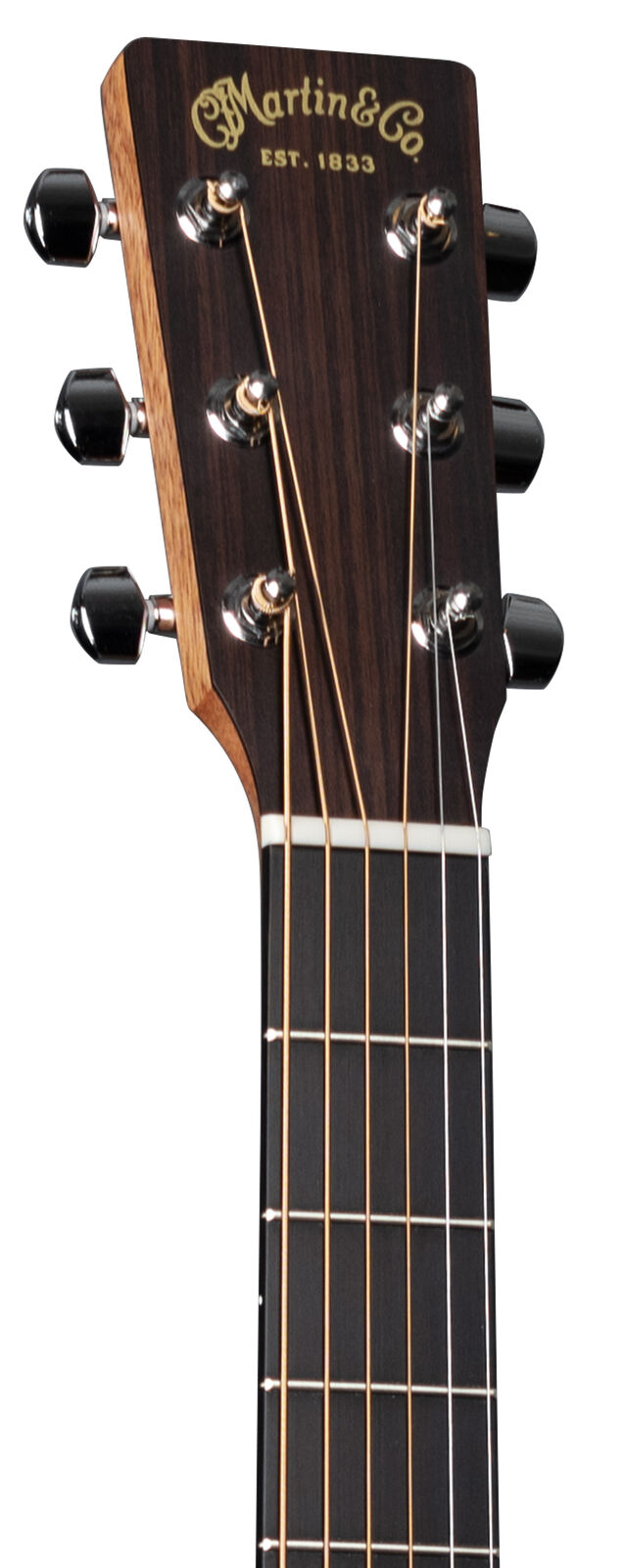 Dark wood Martin & Co acoustic guitar headstock with six silver tuning pegs and gold lettering, showing part of the neck with steel strings.